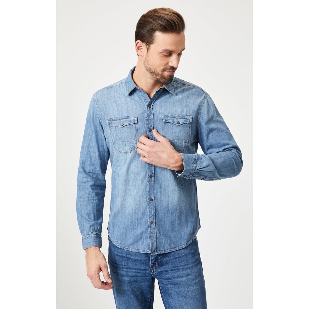 Mavi Men's Rio Denim Shirt Light Blue Snap Button Western‎ Cowboy Rodeo Large
